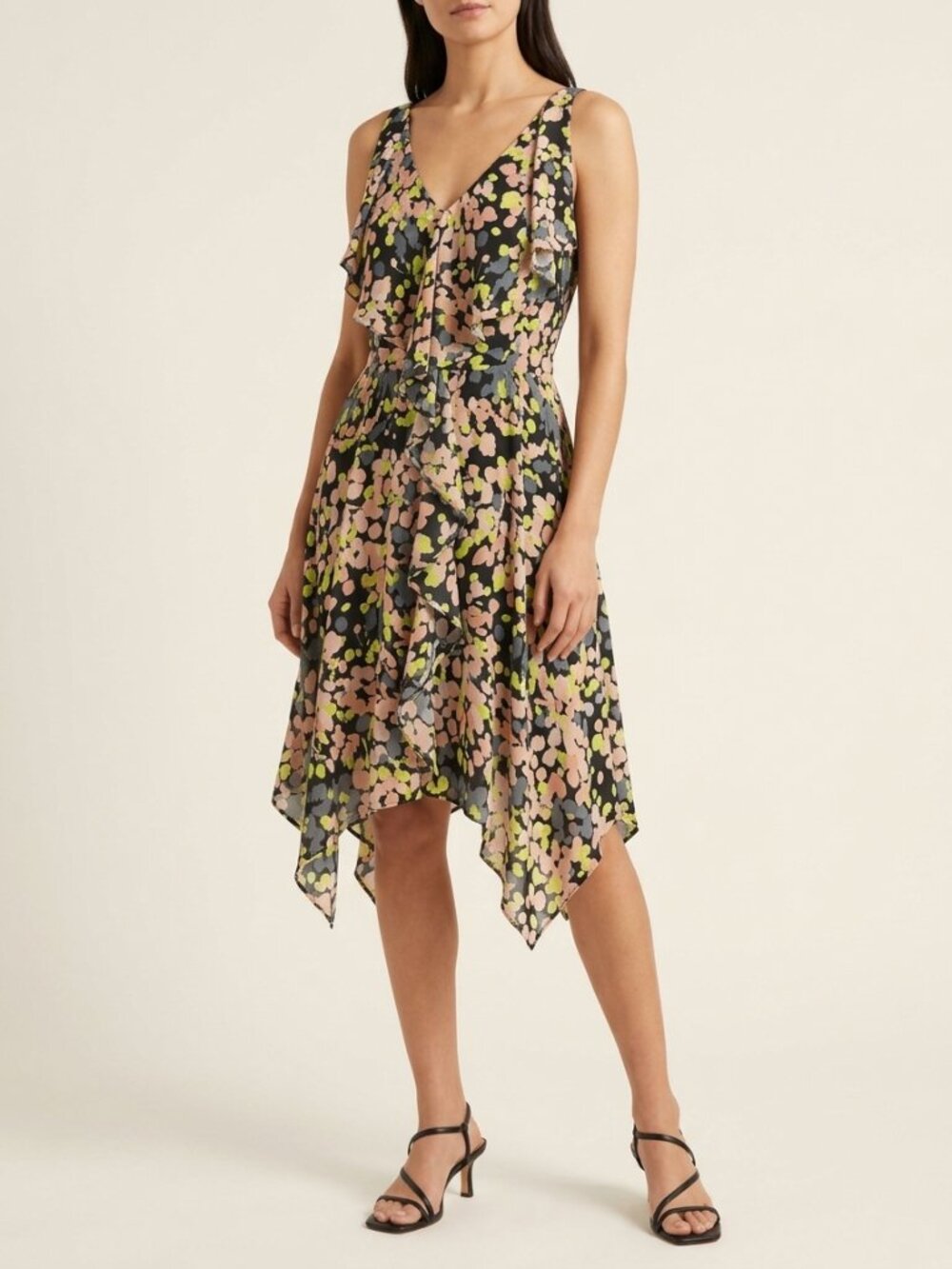 BCBGMAXAZRIA Jessica Ruffle Handkerchief Hem Dress Size 8 Navy Pink Floral